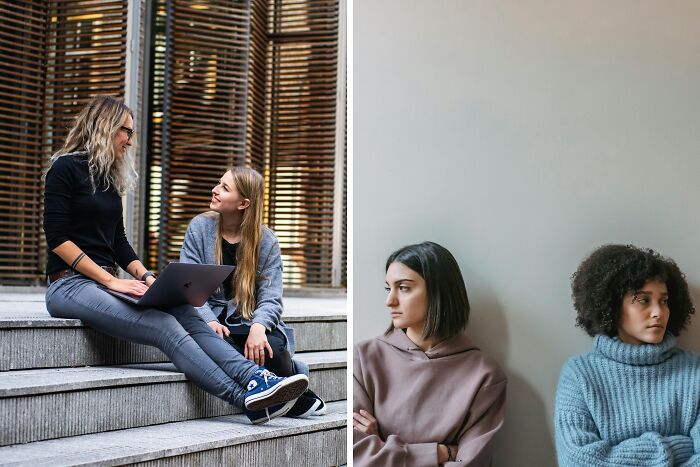 Two women sitting on outdoor steps with a laptop talking while two others sit apart indoors showing energy and time dilemmas