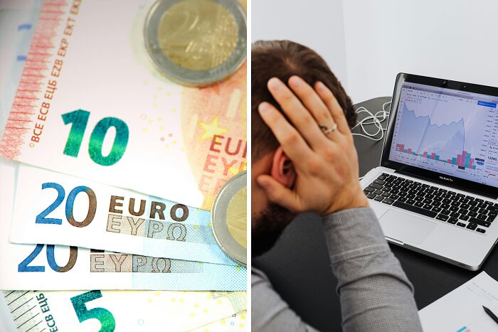 Close-up of euro bills and coins next to a stressed man analyzing financial data on a laptop, illustrating energy and time challenges.
