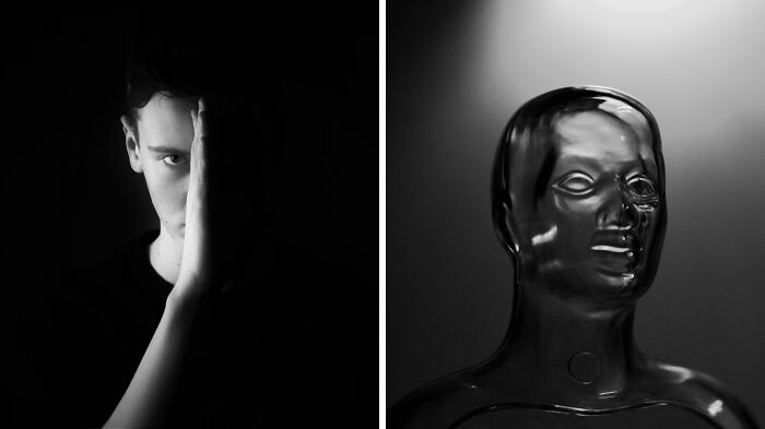 Man in dark shadows covering half his face with hand and a glossy black mannequin head under spotlight, representing time and energy choices.