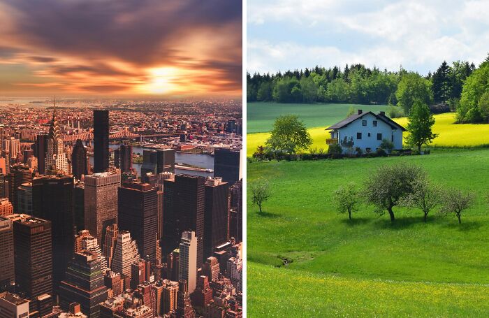 Split image showing a bustling cityscape at sunset on the left and a peaceful rural house surrounded by green fields on the right, illustrating contrast in energy and time.