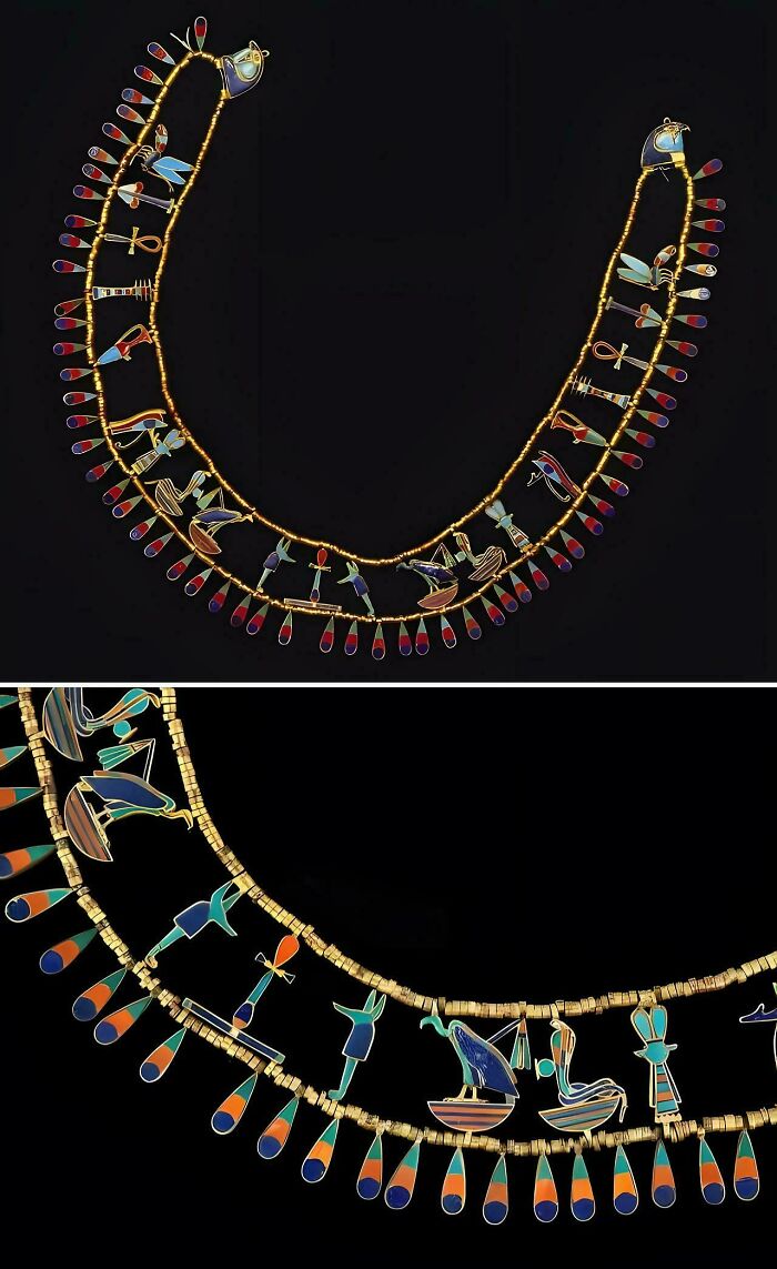 Antique Egyptian necklace with colorful inlays and gold beads, showcasing almost perfectly preserved craftsmanship and history.