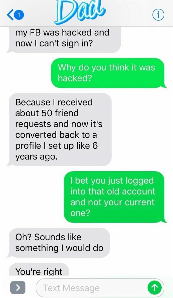 Text message conversation showing a boomer confused about Facebook account issues, highlighting boomer technology fails.