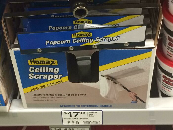 Homax popcorn ceiling scraper tool for easy popcorn removal attaching to extension handles on store shelf.