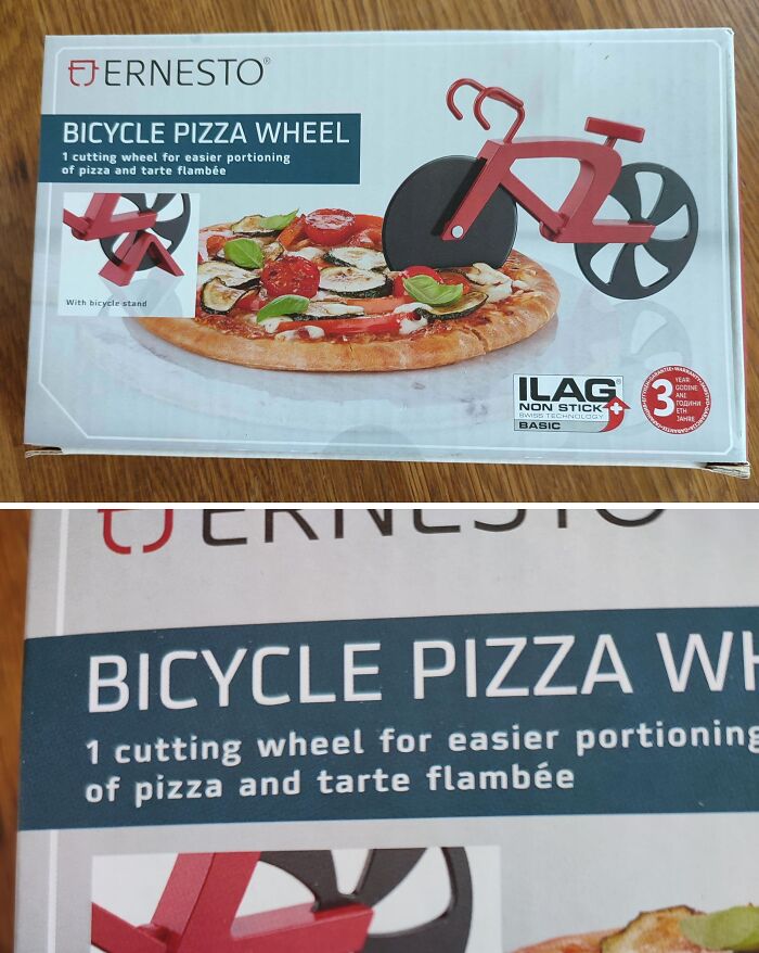 Bicycle pizza wheel cutting tool shaped like a bike for easier portioning of pizza and tart flambeé design.