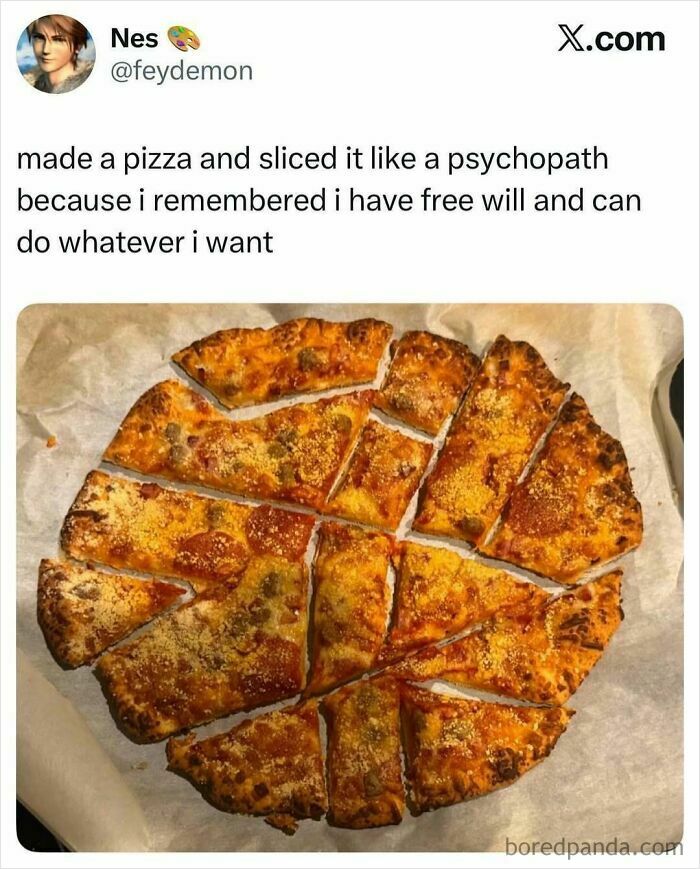 Pizza sliced irregularly in many pieces with a humorous tweet about snack cravings and food memes.