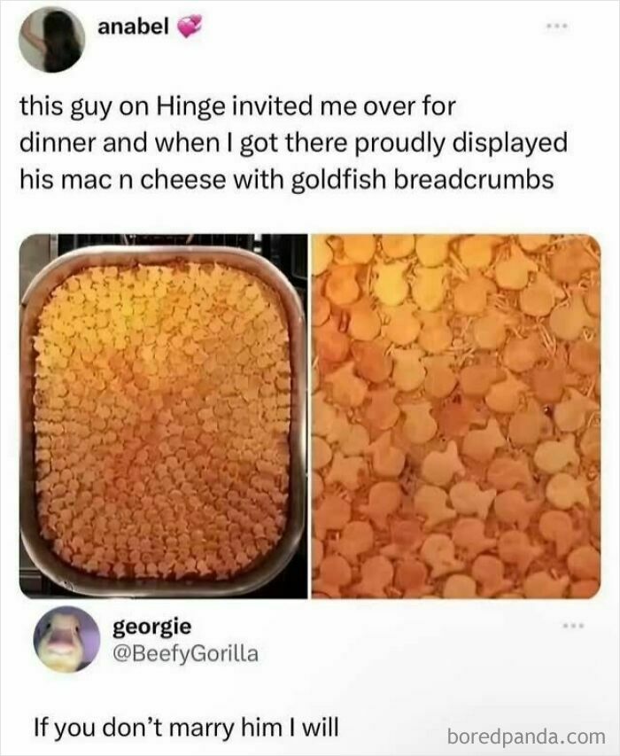 Mac n cheese topped with goldfish crackers in a baking dish, showcasing a creative food meme capturing snack cravings.