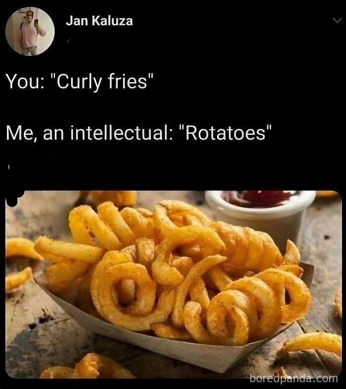 Curly fries humor meme showing playful snack cravings with seasoned rotatoes in a paper tray and ketchup dip in the background