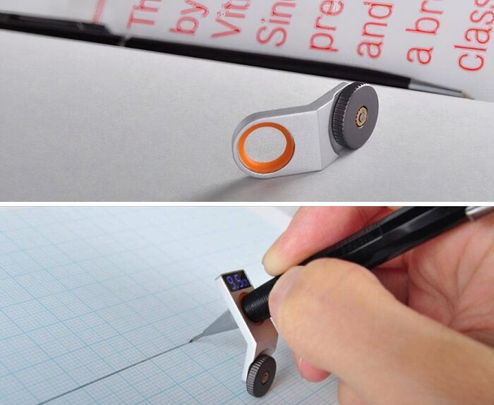 Compact precision tool with digital display and rotating wheels used for drawing straight lines and solving small problems efficiently.