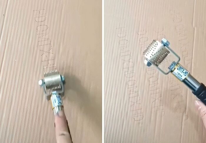 Handheld interesting tool with roller creating perforated pattern on wooden surface to solve annoying problems.