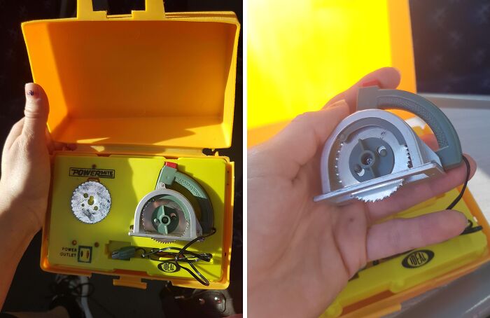 Compact handheld power tool with circular saw blade in a yellow case, demonstrating useful tools for solving small problems.