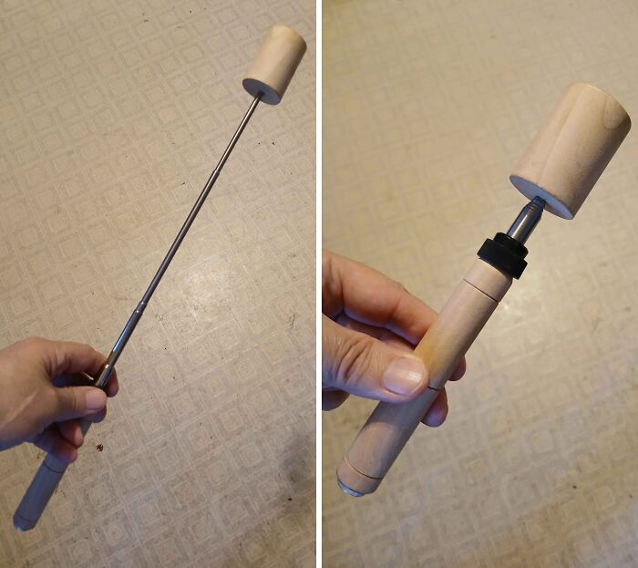 Handheld wooden and metal tool shown extended and collapsed, one of 59 interesting tools that might solve annoying problems.