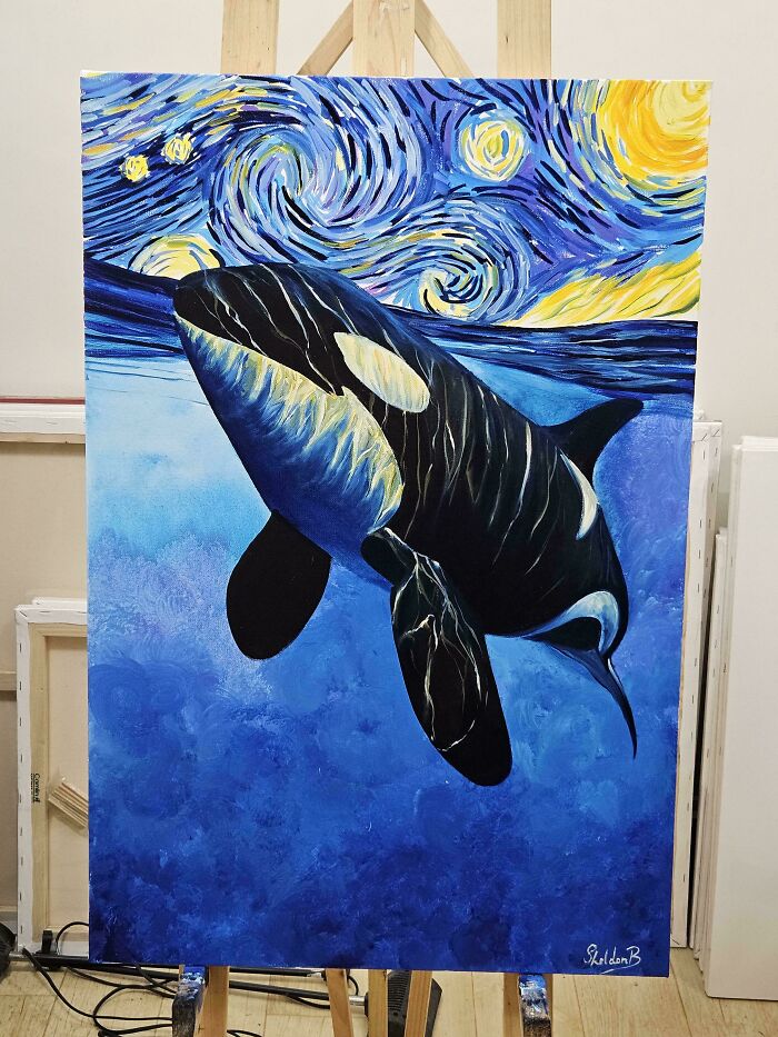 Painting of an orca whale underwater with a swirling starry night sky, showcasing a DIY art project win.