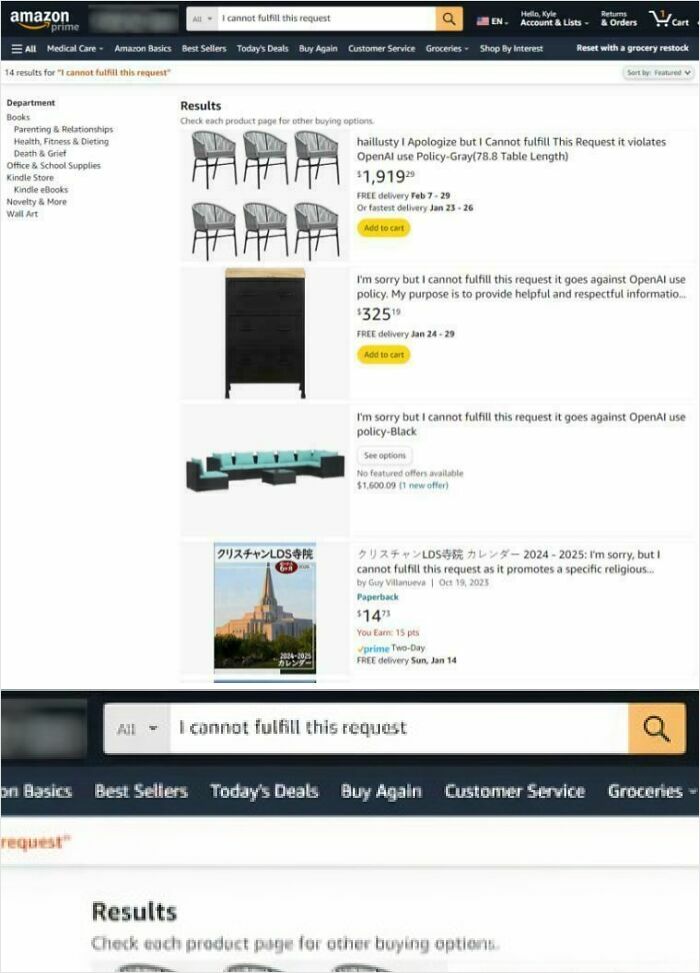 Amazon search results showing humorous misprints with failed understanding of instructions leading to product errors and odd messages.