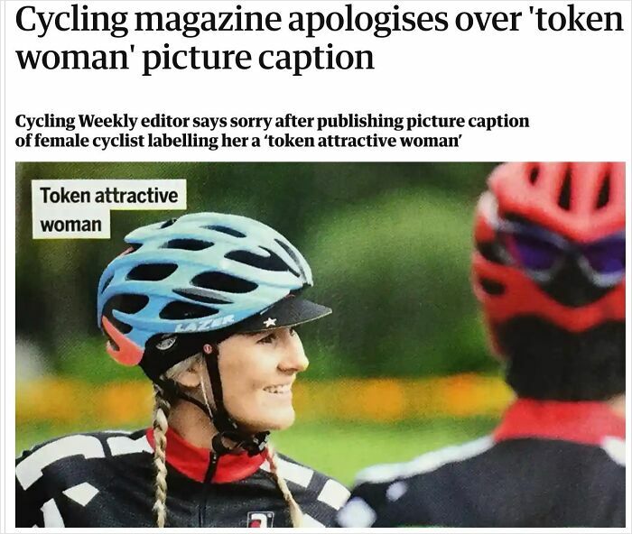 Cycling magazine apologizes for hilarious misprint labeling female cyclist a token attractive woman.