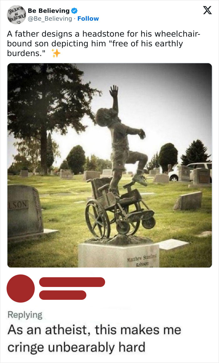 Statue of a boy rising from a wheelchair on a headstone in a cemetery, capturing cringe moments and reactions online.