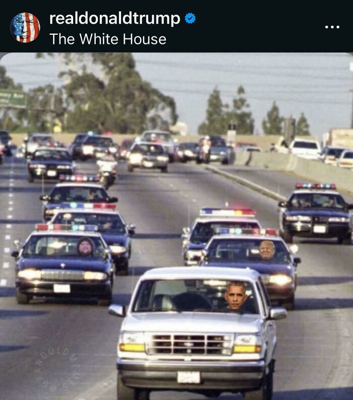 A humorous image showing people unknowingly being cringe while driving on a highway surrounded by police cars.