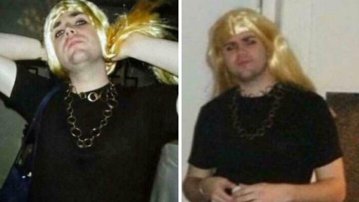 A person wearing a blonde wig and black shirt with a chain necklace, captured in two candid cringe moments.
