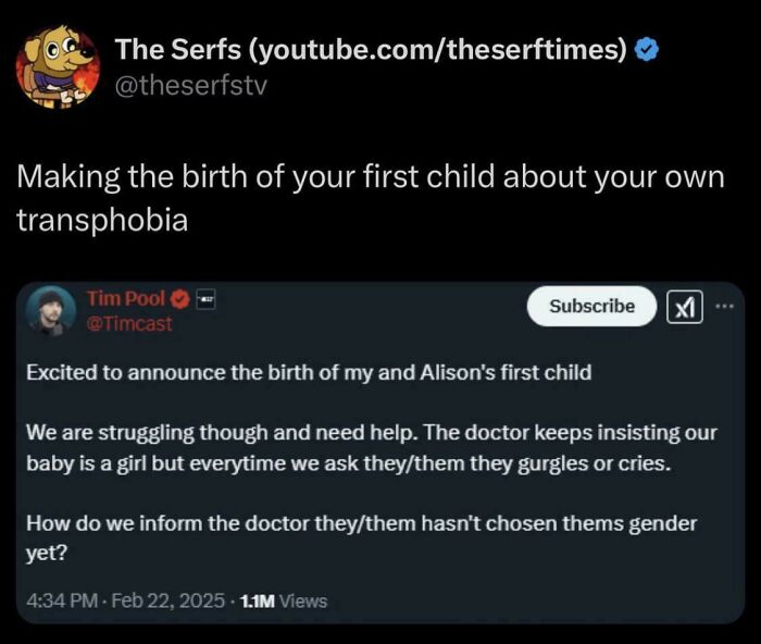 Screenshot of a cringe social media post about struggling with a baby's gender identity and doctor’s pronouns confusion.