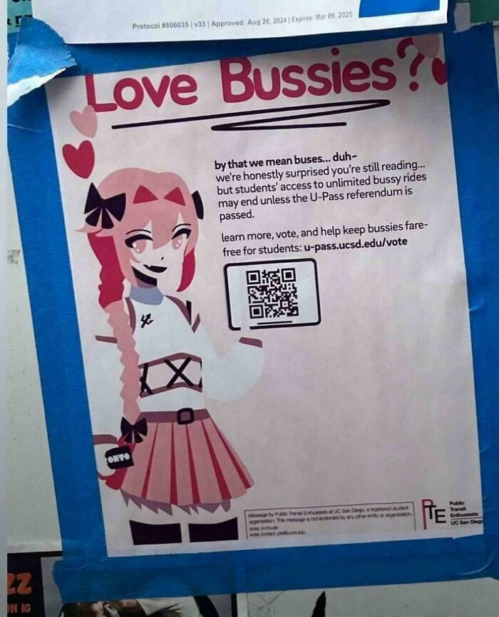 Anime-style poster with a girl promoting bus access, illustrating cringe moments people often miss in public displays.