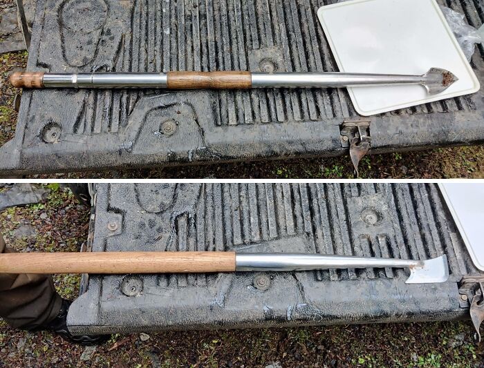 Extendable gardening tool with wooden handle and metal head, one pointed and one flat, for solving annoying little problems.