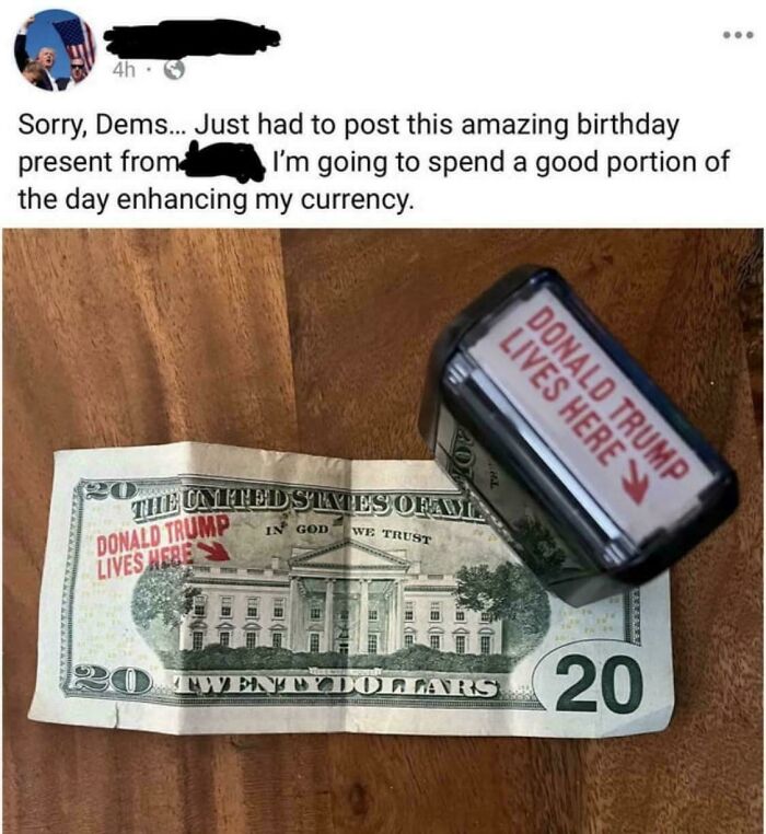 Person stamping a twenty-dollar bill with a "Donald Trump lives here" message, showing cringe moments in currency modification.