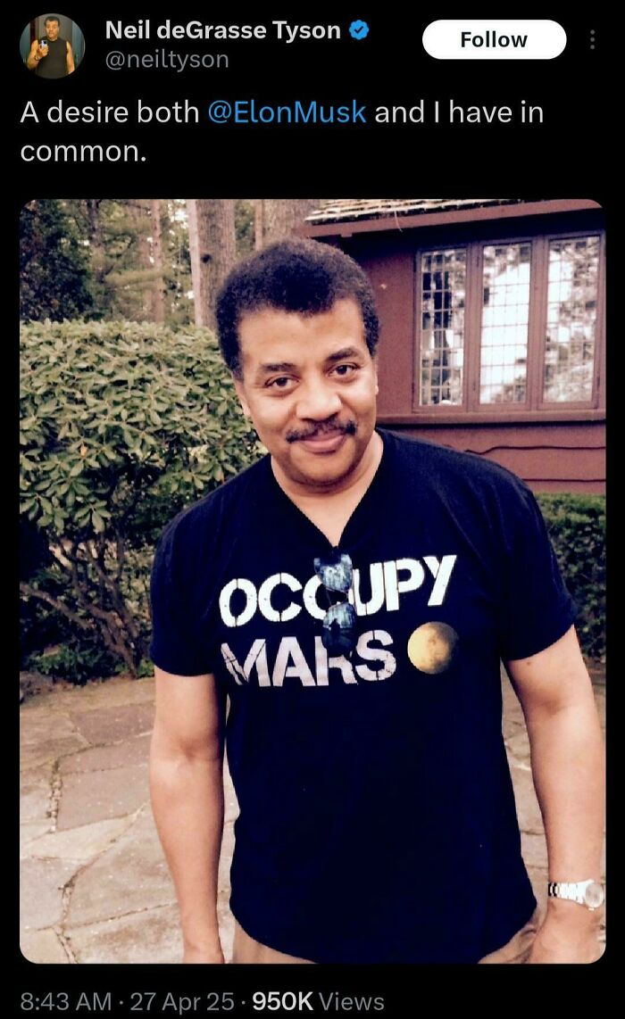 Neil deGrasse Tyson wearing an Occupy Mars shirt outside, shared in a post about cringe moments in new pics.