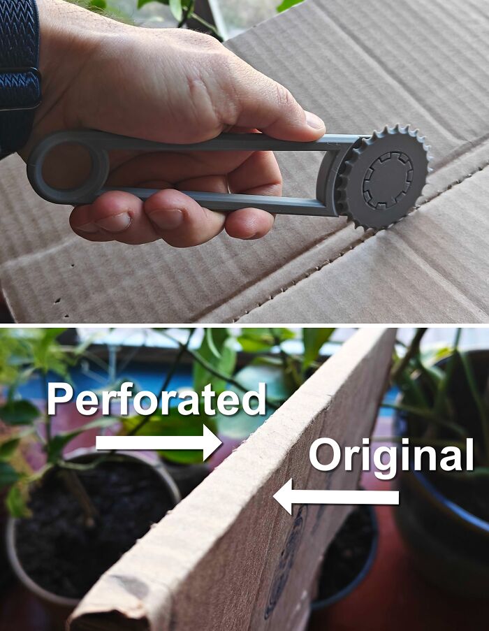 Handheld tool designed to create clean perforations in cardboard, an interesting tool solving an annoying little problem.