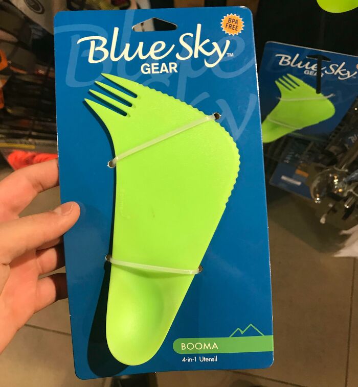 Green Blue Sky Gear 4-in-1 utensil held in hand, a useful multi-tool from interesting problem-solving tools.