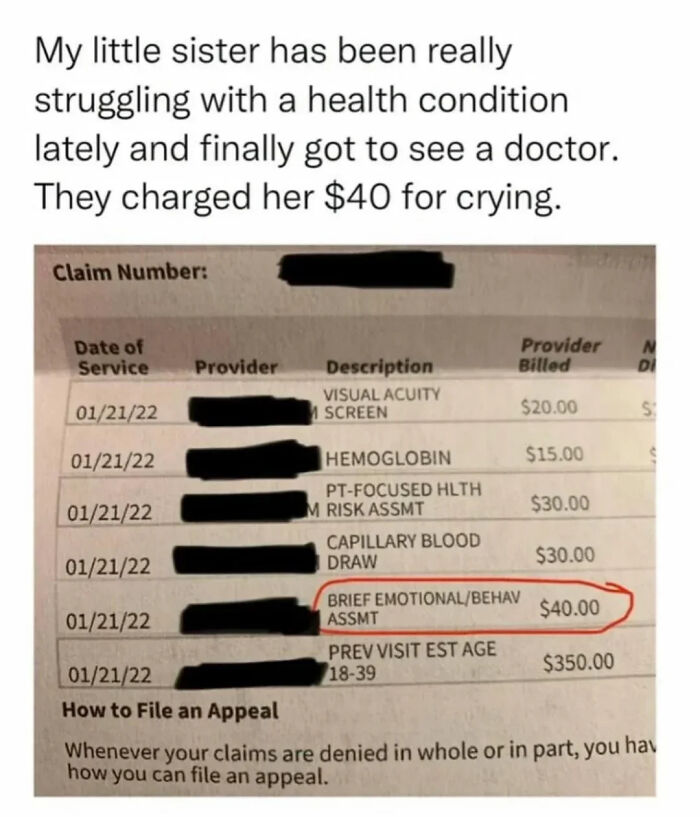 Medical bill showing a $40 charge for a brief emotional/behavioral assessment, illustrating cringe moments in bills.