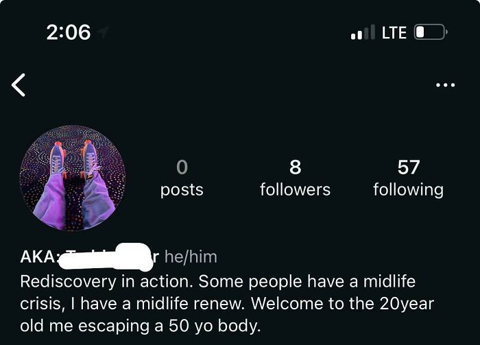 Social media profile showing cringe behavior with zero posts and awkward bio about midlife renewal.