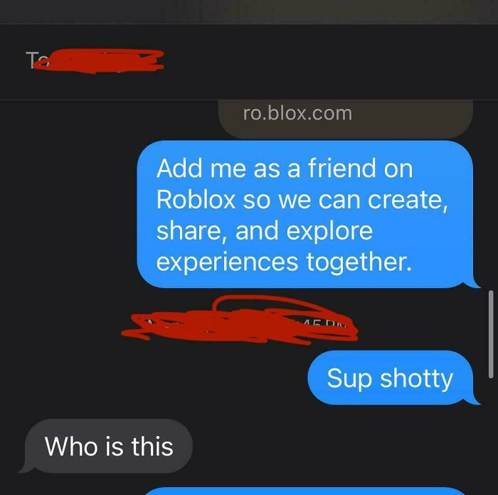 Text message conversation showing a cringe attempt to make friends on Roblox with awkward casual language.