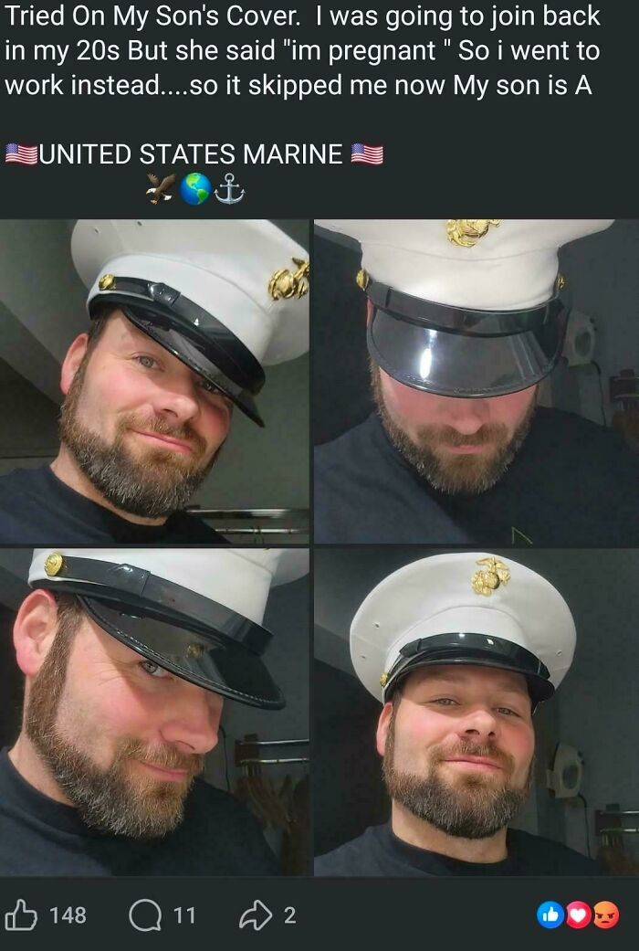 Man wearing a United States Marine hat in multiple selfies, showing cringe moments caught in new pics.