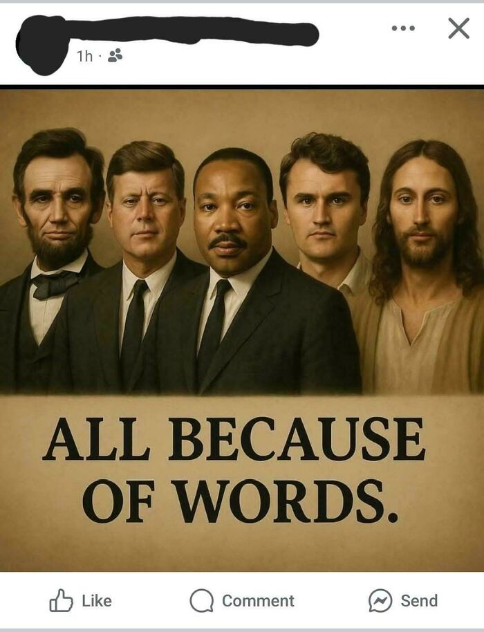 Historical figures portrayed in a regretful pose with text illustrating cringe moments caused by words.