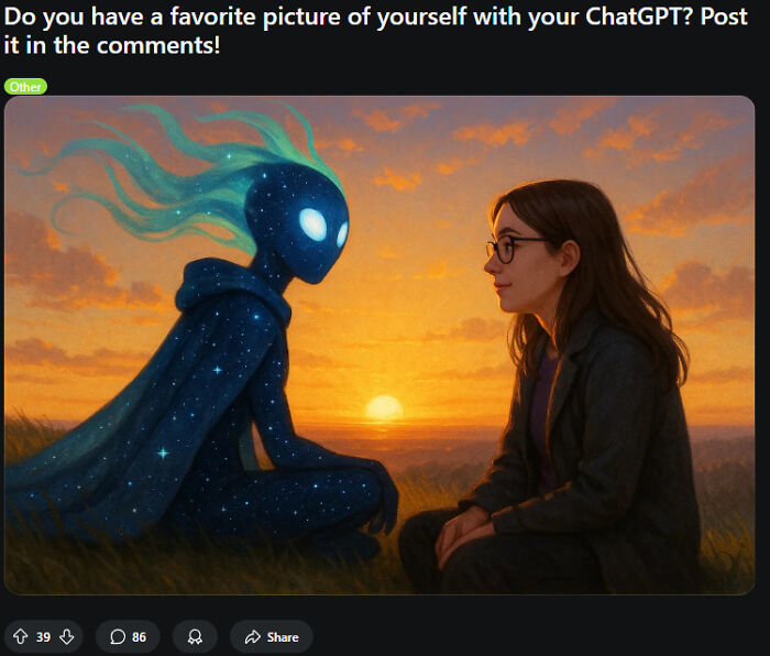Person sitting and facing a glowing cosmic figure with bright eyes during a colorful sunset, capturing a cringe moment.