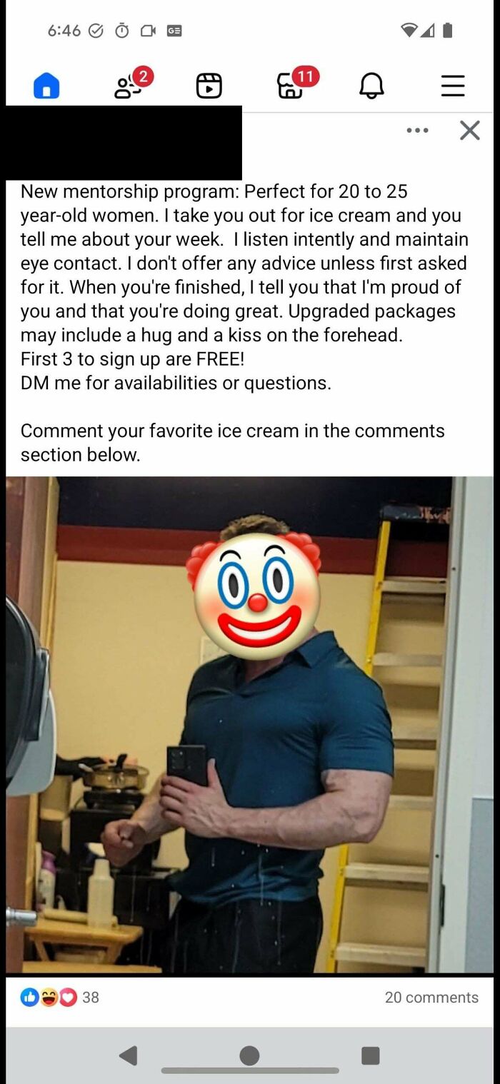 Man with muscular arms taking a mirror selfie, face covered by clown emoji, illustrating cringe moments in new pics.