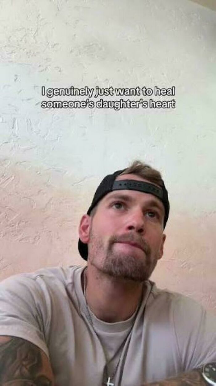 Man wearing backward cap with tattooed arm and text overlay about healing, illustrating cringe moments caught in new pics.