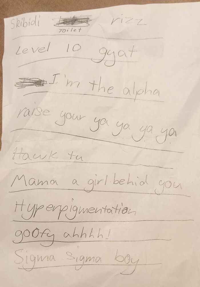 Handwritten cringe notes on paper with phrases like Level 10 gyat, I'm the alpha, and goofy ahhhh.