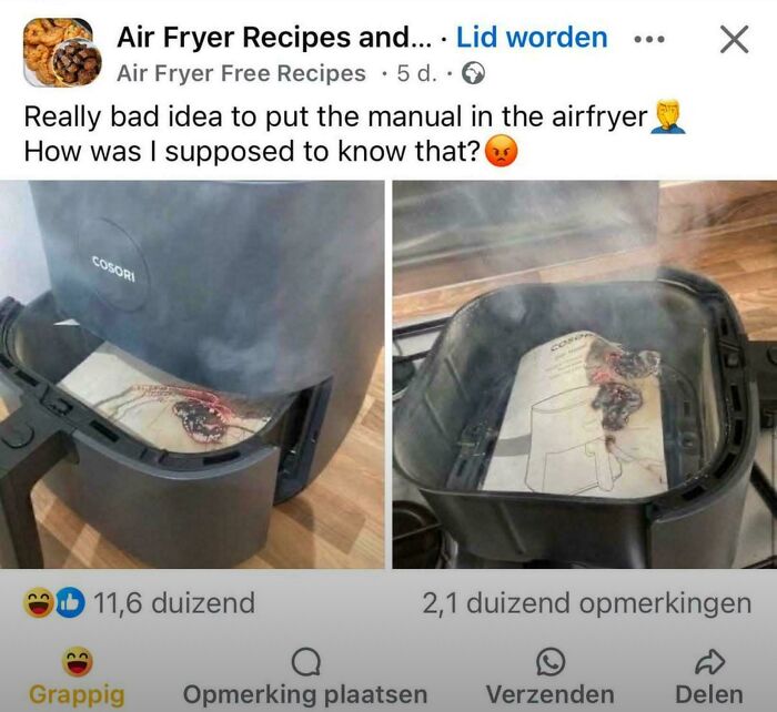 Burned air fryer manual inside the cooking basket causing smoke, showcasing a cringe cooking mistake caught in new pics.