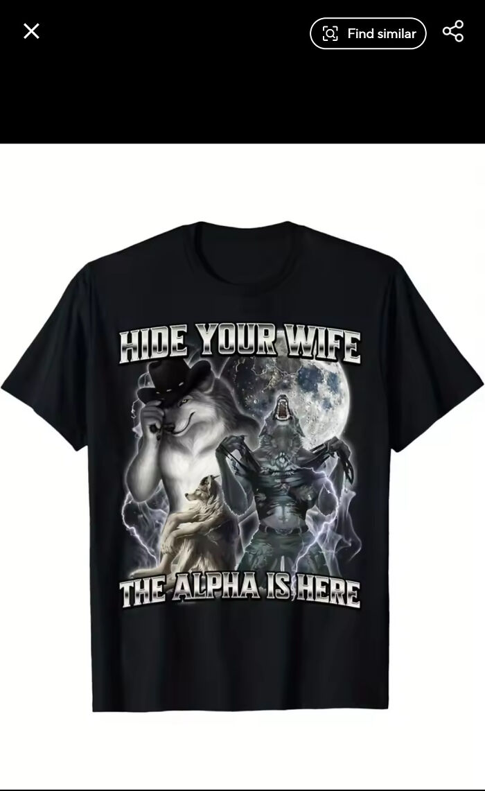 Black t-shirt with graphic wolves and text, illustrating cringe moments with bold edgy alpha wolf design.