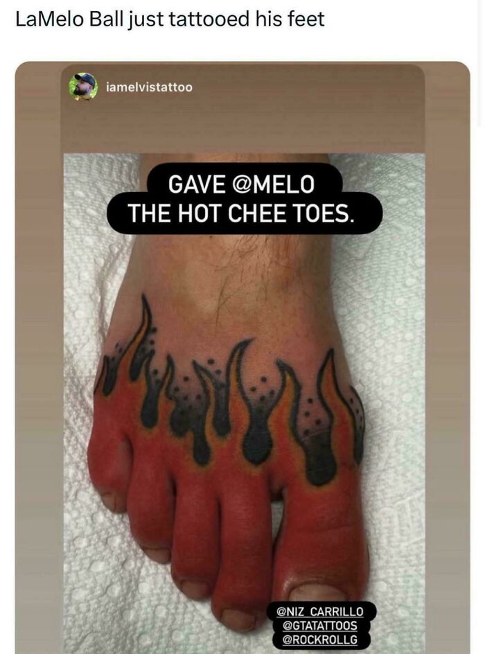 Close-up of a foot tattoo with flame design, showcasing a cringe tattoo choice from people unaware of their cringe moments.