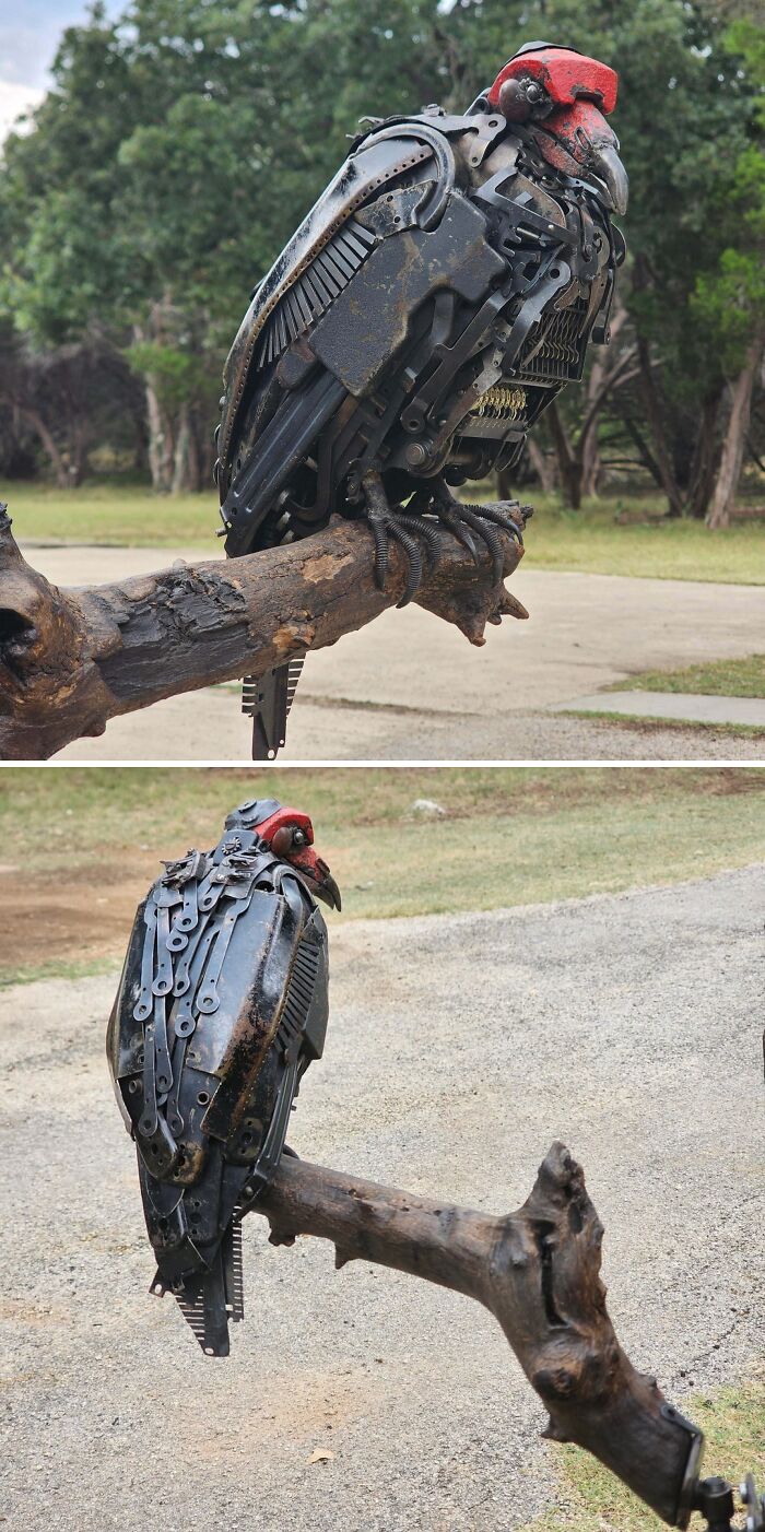 Metalworkers crafted a detailed metal bird sculpture perched on a branch, showcasing remarkable metalwork skills.