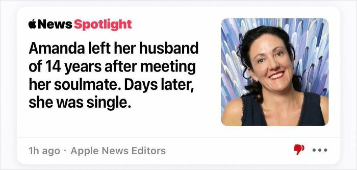 Screenshot of a news article headline about a woman leaving her husband, featured in cringe moments collection.
