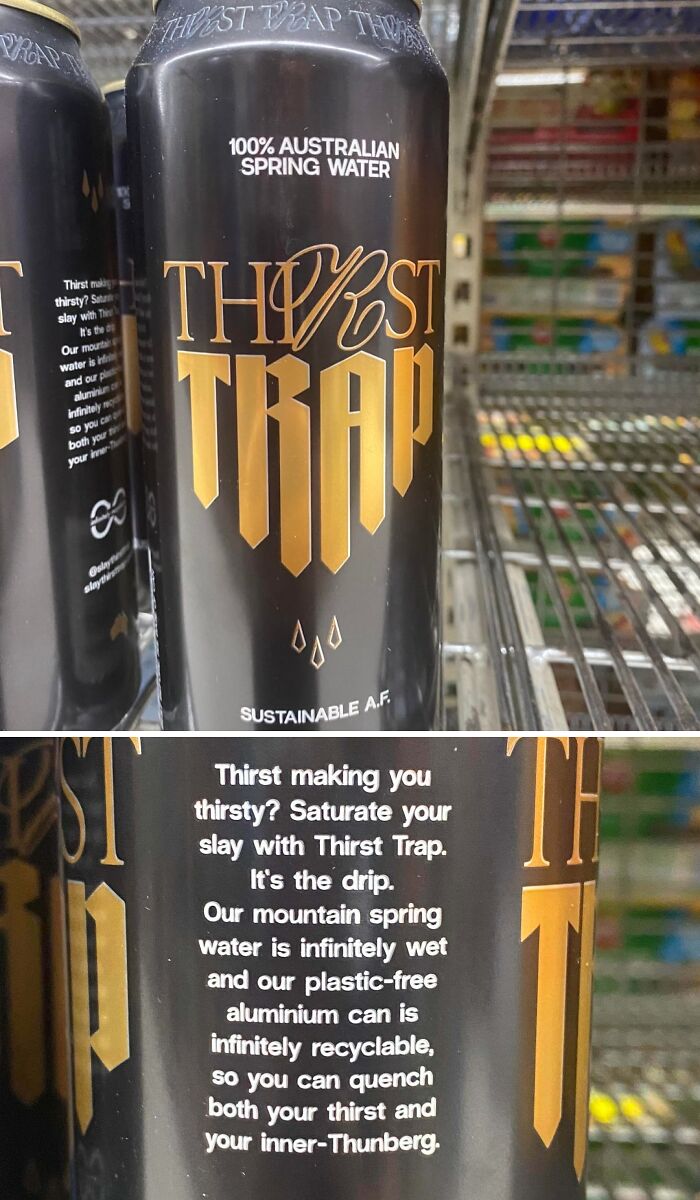 Black can of Thirst Trap water with gold lettering, highlighting cringe marketing phrases and sustainable packaging details.