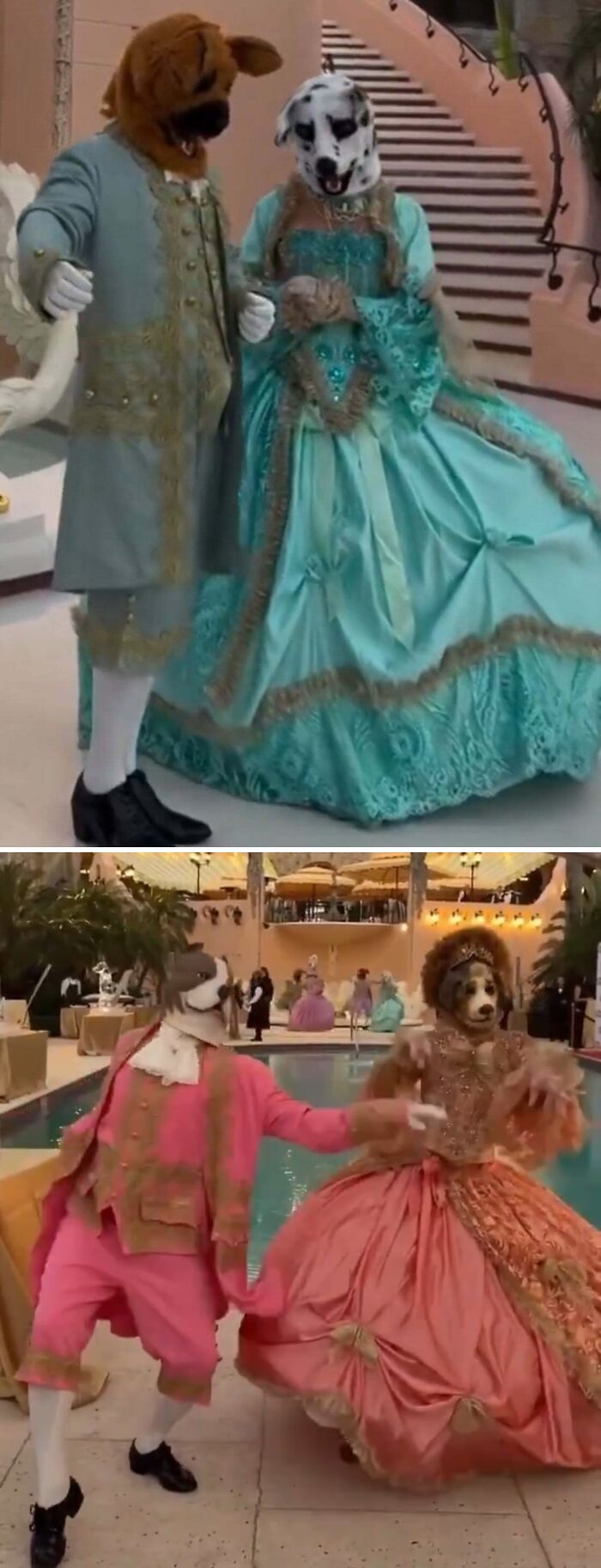 People dressed in elaborate historical costumes with animal masks, showcasing cringe moments in new pics.