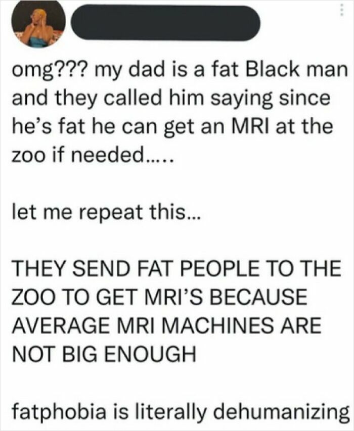 Screenshot of a social media post highlighting cringe moments related to fatphobia and insensitive MRI machine policies.