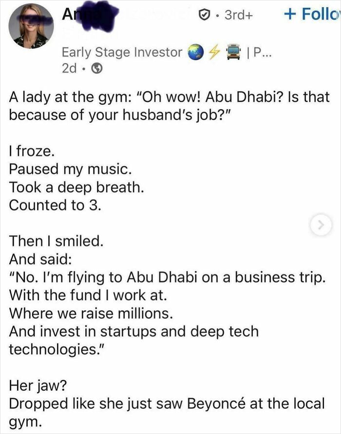 Cringe moment at the gym with a businesswoman correcting assumptions about her work and travel.