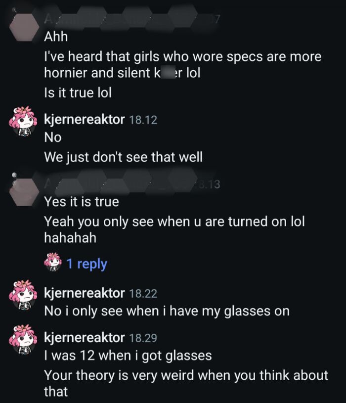Chat conversation showing a woman’s savage comeback to a creepy DM about girls who wear glasses and silent killers.