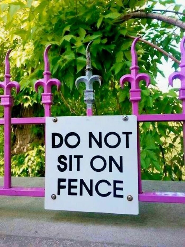 White sign with black text saying Do Not Sit On Fence mounted on a pink metal fence with spiked tops and green foliage behind it.