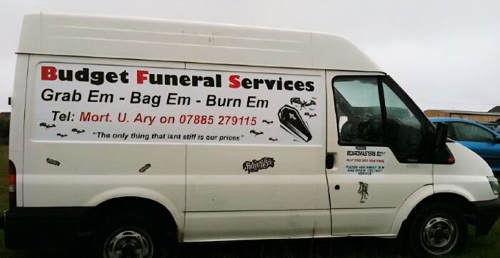 Van with a strange funeral services sign offering budget options and an unusual tagline that catches attention.