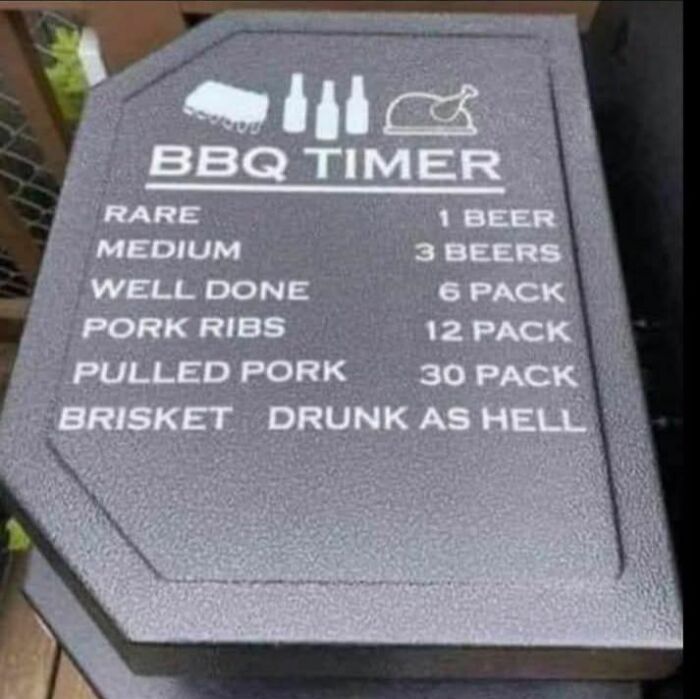 BBQ timer sign showing beer amounts to gauge cooking stages from rare to brisket, a strange sign worth a double take.
